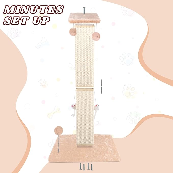 ANWA Large Cat Scratching Posts for Indoor Cats, 32" Tall Vertical Cat Scratching Post with Dangling Toys, Premium Sisal Rope Post Scratcher for Cats at All Ages, Beige