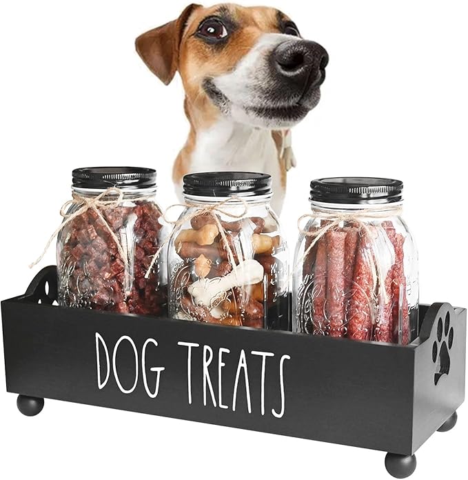 Dog Treat Container, Pet Treat Holder with Glass Jars, Farmhouse Dog Food Storage Organizer, Airtight Dog Treat Bin, Cat Dog Biscuit Dispenser, Pet Accessories (Black - 3 Glass Jars)