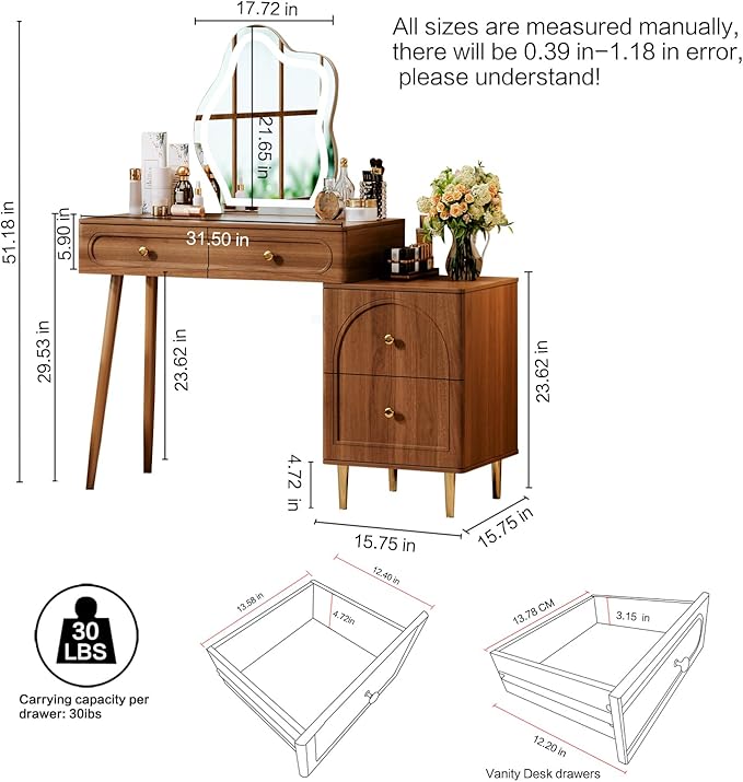 Walnut Stylish Corner Makeup Vanity Table,Vanity Desk with Lighted Mirror and 4 Spacious Drawers,Bedroom Essential Dressing Table with Nightstand,Modern Minimalist Writing Desk for Girls