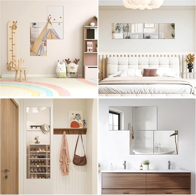 DARENYI 18x18 in Acrylic Mirror Sheet for Wall, 2.5mm Thick Unbreakable Non Glass Body Mirror Tile Self Adhesive Mirror Stickers Rectangular Wall Mirror for Bathroom Bedroom Home Gym Door Decor