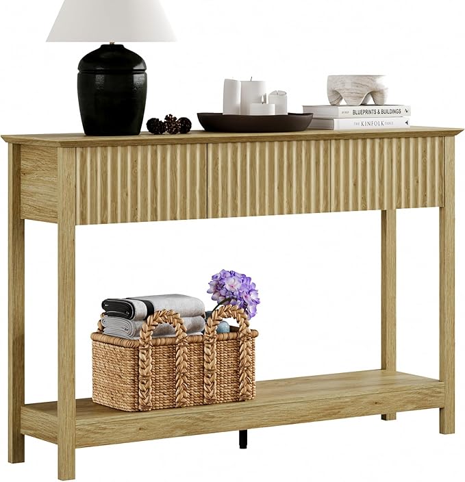 Treocho 47" Fluted Console Table with 3 Drawers, Narrow Long Entryway Table with Storage and Shelf, 2-Tier Sofa Table Behind Couch Accent Tables for Entrance Foyer, Hallway, Living Room, Oak