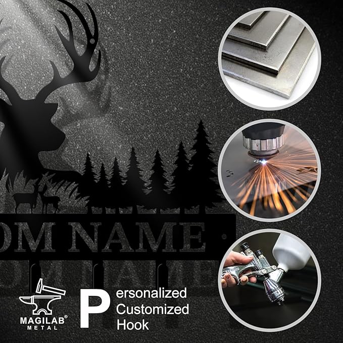Personalized Custom Name Forest Deer Wall Keys Hooks,Metal Forest Deer Art Clothes Hooks,Metal Forest Deer Wall Home Storage Decorative,For Front Door, Hallway, Kitchen, Bedroom,Keys,Hats (Style A)