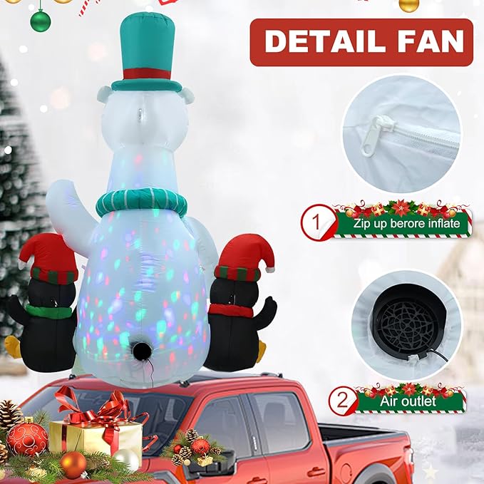 8 FT Polar Bear Inflatable Decoration Sitting on Roof with LED Lights and Kaleidoscope Lights, Suitable for Holiday Celebration Decorations on Yard, Lawn and Patio