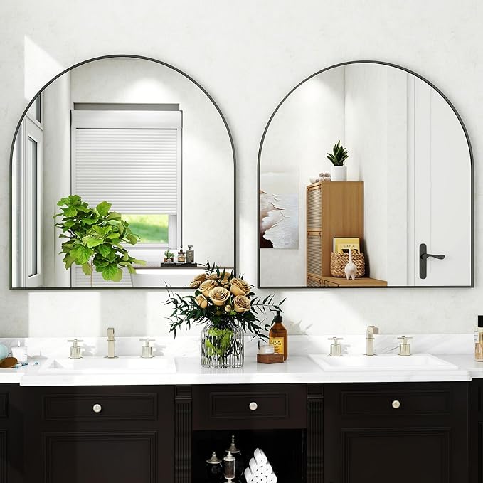 31"x32" Arched Wall Mirror for Bathroom, Black Vanity Mirror for Bedroom, Living Room, Entryway, Decorative Hanging Mirror for Wall