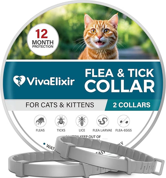 Flea and Tick Collar for Cats – 12-Month Protection – Adjustable & Waterproof – Safe, Long-Lasting Repellent for Fleas, Ticks, Lice & Mosquitoes – Fits Small, Medium & Large Cats 2pack