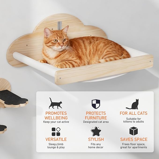 XiaZ Cat Wall Hammock Mounted Bed with 4 Climbing Steps, Modern Cats Shelves and Perches up to 30lbs, Wooden Kitten Wall Furniture for Indoor Sleeping, Playing, Climbing and Lounging