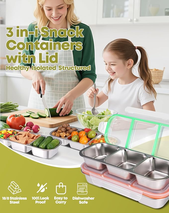 2Pack Stainless Steel Snack Containers for Kids Adults, Reusable 3 Compartment Snackle Box Container with Leakproof Lids Metal Bento Lunch Food Snack Boxs for Travel Picnics Camping Office School