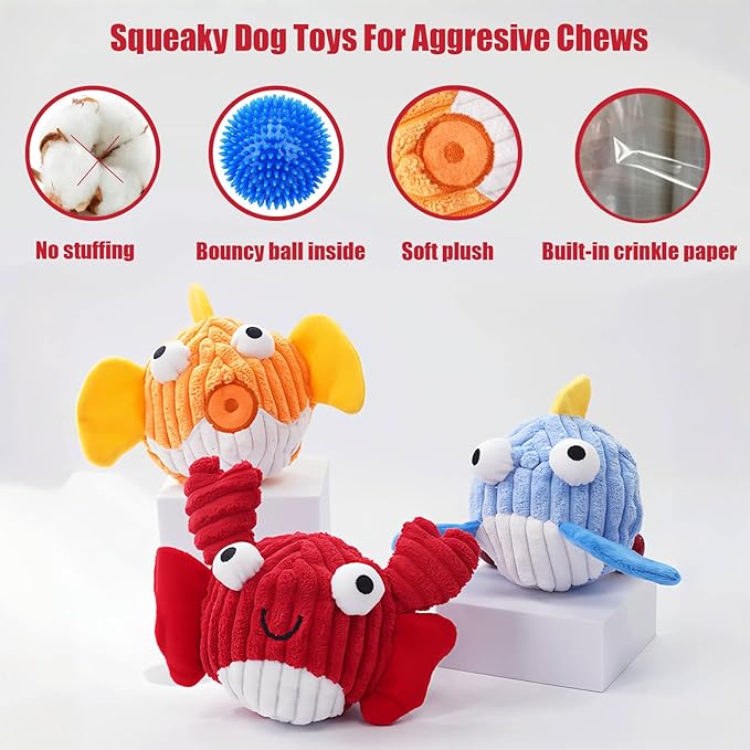 Squeak Dog Toys for Aggressive Chewers, No Stuffing Squeak Dog Chew Toys for Aggressive Chewers, Interactive Dog Toy Ball with Crinkle Paper for Medium Dogs, Large & Small Breeds (D-Crab+Whale)