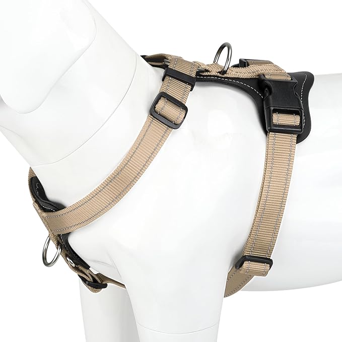 Plutus Pet Adjustable No Pull Dog Harness with Leather Accents, Heavy Duty Reflective Nylon Vest for Training, Hiking, Easy Walk Harness for Small, Medium, Large Dogs (Beige, XL)