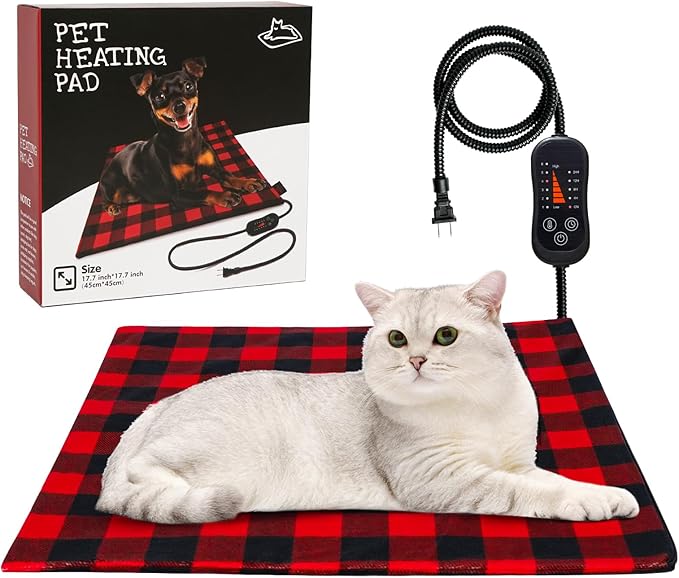 Pet Heating Pad, Adjustable Temperature Heated Cat Bed with Timer, Outdoor Waterproof Heated Dog Bed with Anti-Chew Cord, Overheat Protection Warming Mat for Cats and Puppies (S:17.7"x17.7")