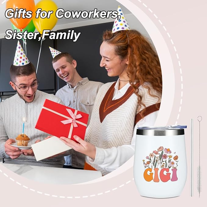 Gigi Grandma Birthday Gifts Wine Tumbler 12 oz Insulated Wine Glass Cup with Lid Straw Vacuum Insulated Travel Cup,Grandma Gifts from Granddaughter for Women Grandmother Christmas Mothers Day