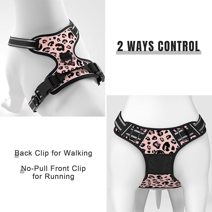 Rnivvi No Pull Dog Harness, Cute Leopard Reflective X-Large Sized Puppy Harness, Adjustable Soft Padded Vest for Large Dogs, Heavy Duty Pet Vest with Easy Control Handle for Walking Training, Pink