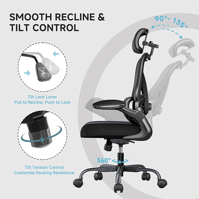 Ergonomic Office Chair with Adjustable Lumbar Support & Headrest, High Back Mesh Chair with Flip-up Armrests for Long Hours, 330 lbs Home Office Desk Chair, Black