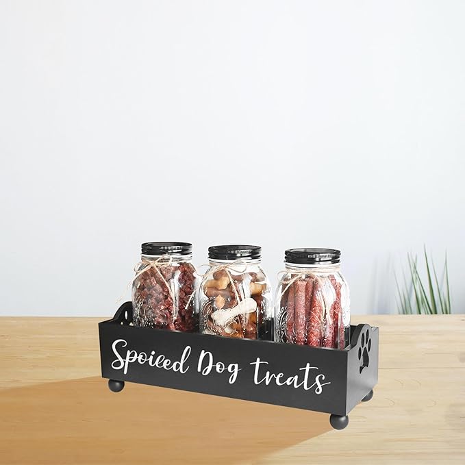 Dog Treat Container, Pet Treat Holder with Glass Jars, Farmhouse Dog Food Storage Organizer, Airtight Dog Treat Bin, Cat Dog Biscuit Dispenser, Pet Accessories (Black - 3 Glass Jars)