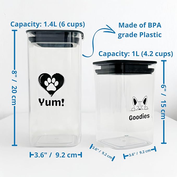 Set of 2 Dog Treat Containers Plastic – 1L & 1.4L Dog Treat Jars with Lids, Dog Treat Holder, Keeps Treats Fresh