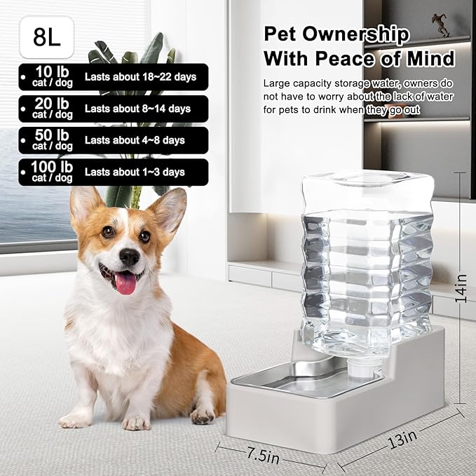 RIZZARI Stainless Steel Pet Water Feeder: 8L Automatic Leak-Proof Gravity Dispenser for Cats Dogs Indoor Outdoor Use(Beige Without Filter,8L)