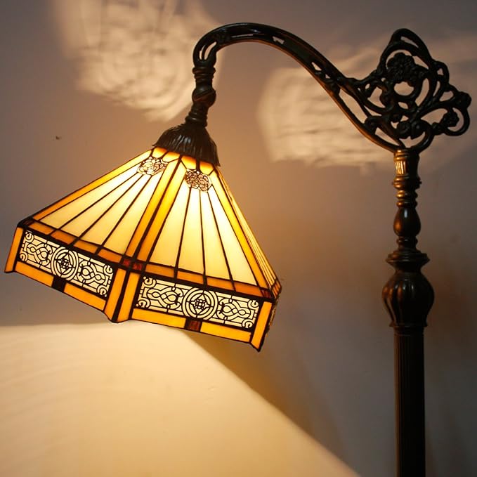 WERFACTORY Tiffany Floor Lamp Mission Hexagon Stained Glass Arched Lamp 12X18X64 Inches Gooseneck Adjustable Corner Standing Reading Light Decor Bedroom Living Room S011 Series