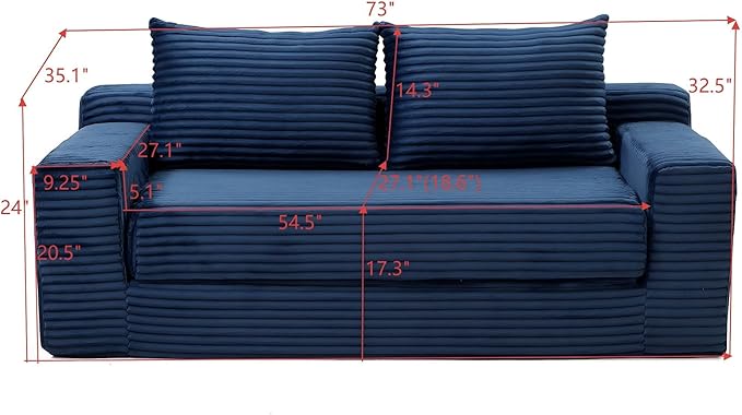 73" Cloud Loveseat Sofa Couch in a Box, 2 Seater Boneless Couch, Convertible Pull Out Sofa Bed with Pillows, No Assembly, Memory Foam, Modern Small Couches for Small Spaces (A-Blue)