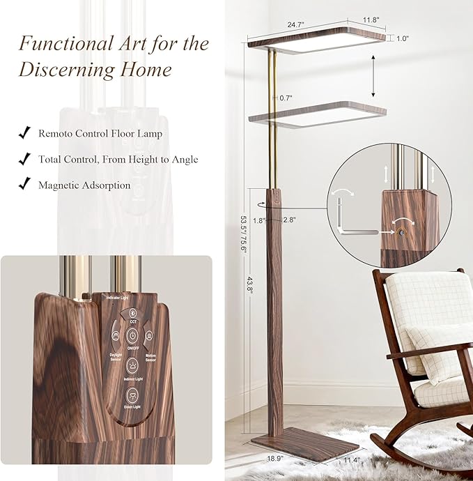 STERREN Modern Vintage Industrial LED Floor Lamp, Eye-Care Height Adjustable Free-Standing Lamps, Full Spectrum Light for Reading, Office, Meeting Room, 2700-5000K, Black Walnut Wood Finish