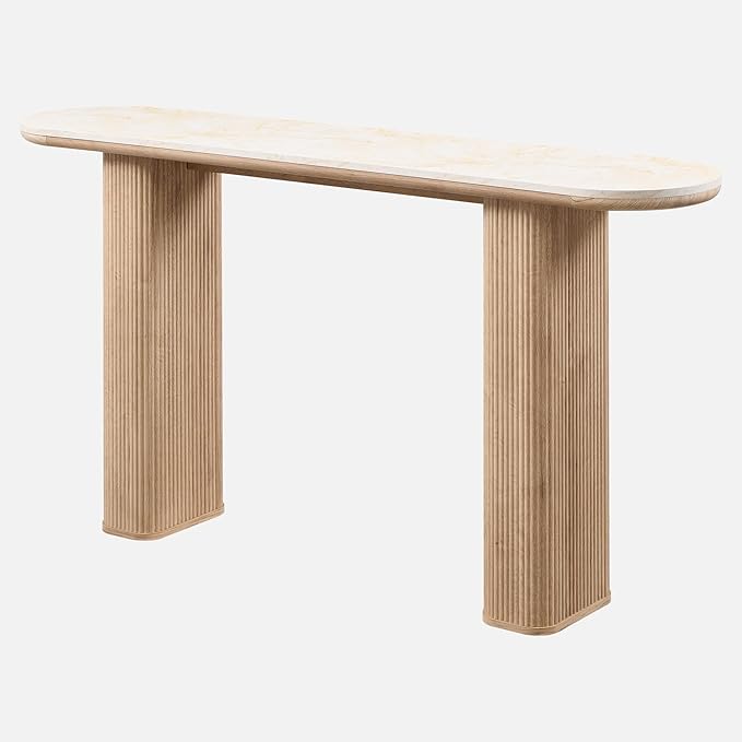 OKD 63 Inch Modern Console Table with Arc Black Marble Texture Top, Fluted Wood Base, Contemporary Entryway Sofa Table for Living Room, Hallway, Foyer, Natural Oak