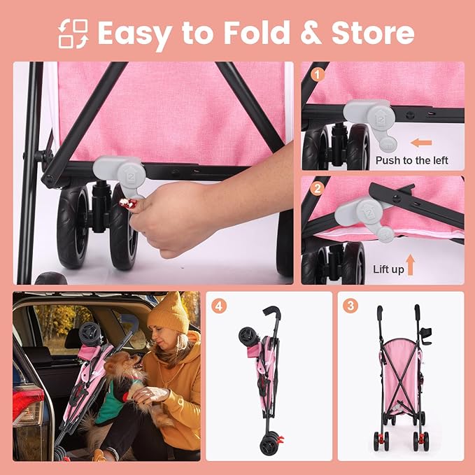 Pet Stroller for Small Dogs Medium Dogs 33lbs, Dog Pram Ultra Light - only 3.5 kg, Dog Stroller Pet Pram with 4 Wheel Foldable/Storage Basket/Cup Holder-P07 (Pink)