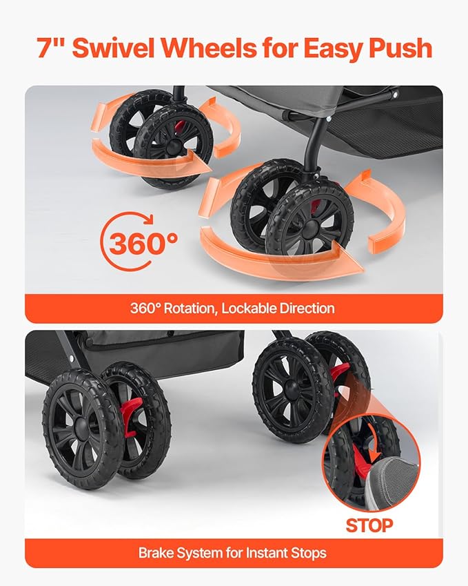 VEVOR Pet Stroller, 44 lbs Weight Capacity, Foldable Dog Cart, 4 Wheels Cats Stroller with Mesh Windows & Revrsible Handle, Portable Pet Carrier with Brake, for Small to Medium Pets