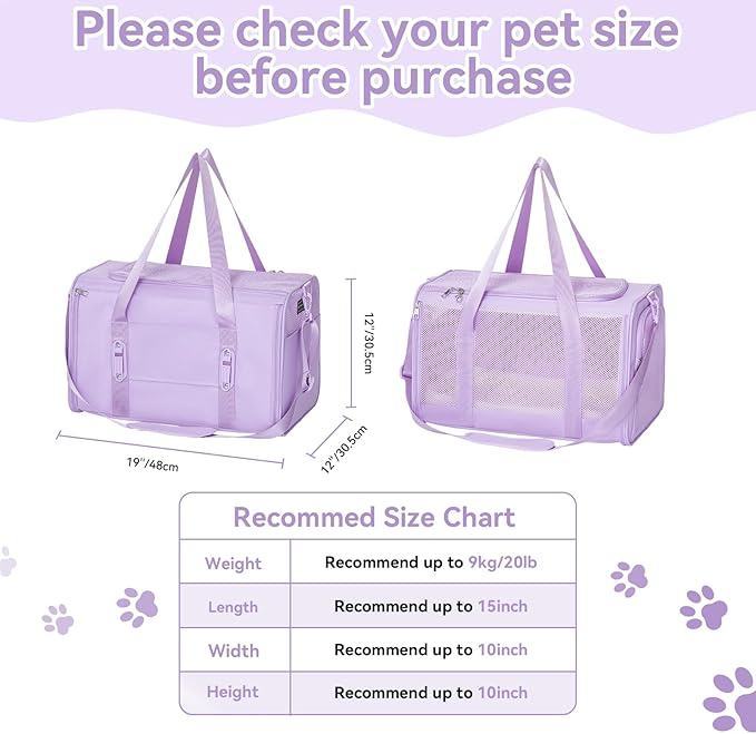 PETSFIT Soft-Sided Cat Carriers & Car Seats with Patent Safe Buckles, Clip-On Harness,19"x12"x12" Pet Travel Carrier - 20 lbs Capacity (Purple)