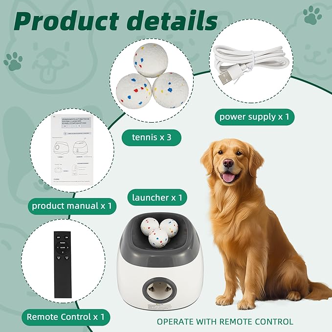 Elevon Dog Ball Thrower Launcher, Automatic Ball Launcher for Large Dogs, Interactive Dog Toy with Three Ranges, Includes 3 ETPU Balls and a Data Line, Suitable for Large Dogs, Gray/White