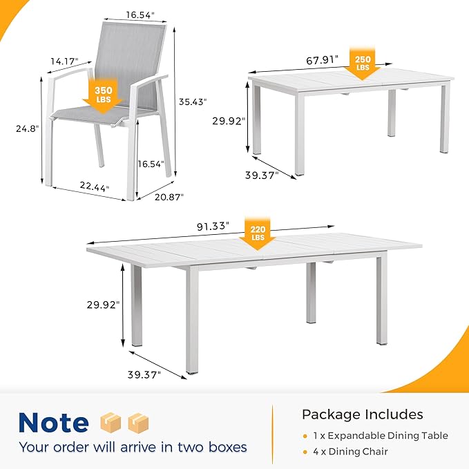 5 Piece Aluminum Outdoor Patio Dining Sets with Fully Assembled Dining Chair,91.3"L×39.4"W Expandable Patio Table and Chairs Set for 4, Stackable Chairs with Quick Drying Fabric, White