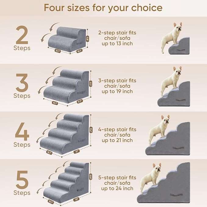 PAWSCART Dog Stairs for Small Dogs and Cats, 4-Step Dog Steps for Bed, 19.6" H Pet Stairs for High Bed, Pet Ramp for Couch, Sofa, Non-Slip Surface Removable Washable Cover, LightGrey