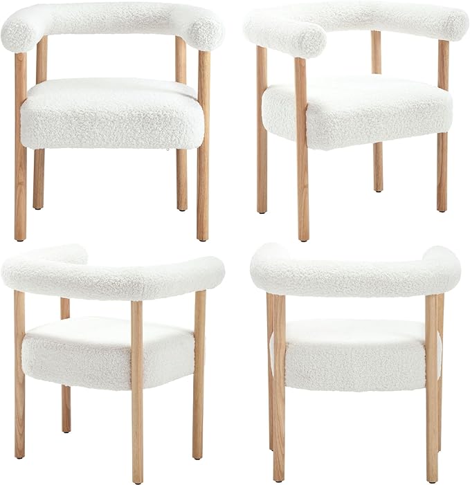 Mid-Century Modern Dining Chairs Set of 6, Armrest Barrel Dining Chairs Side Accent Chairs with Curved Back, Upholstered Wood Armchairs for Kitchen/Dining Room, Sherpa White