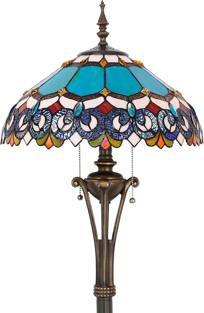 Tiffany Floor Lamp Blue Stained Glass Jewelry Baroque Standing Reading Light 16X16X70 Inches Antique Pole Corner Lamp Decor Bedroom Office Living Room