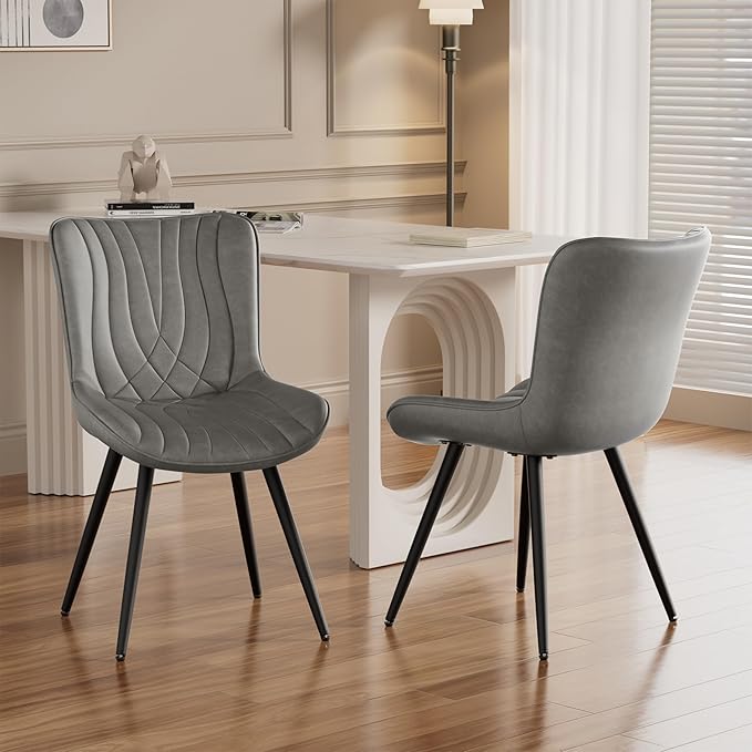 Dining Chair Set of 2 PU Leather Dining Room Chairs Upholstered Comfy Dining Chairs,Modern Kitchen Armless Side Chair with Sturdy Metal Legs,Grey