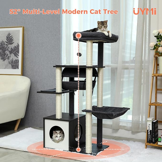 52" Modern Cat Tree for Large Cats, Wooden Cat Tower with Fully Sisal Covered Scratching Posts, Luxury Cat Furniture with Spacious Perch, Super Large Hammock, Cozy Condo and Swing Tunnel Black