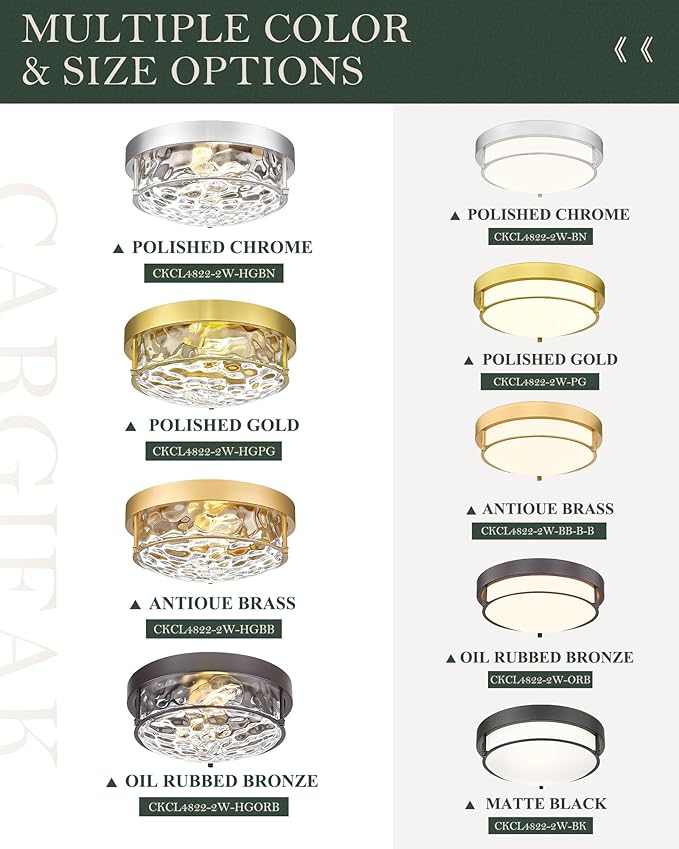 Polished Gold 12" Ceiling Fixture – Hammered Glass, Farmhouse-Inspired Flush Mount for Bedroom, Living Room, or Dining Area - CKCL4822-2W-HGPG