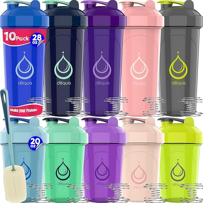 10 PACK, Shaker Bottles with Wire Whisks for Protein Mixes | Leakproof Blender Shaker Bottle Pack| BPA-Free & Dishwasher Safe | 5 Large 28-oz & 5 Small 20-oz shaker bottle | Shaker Cups for shakes