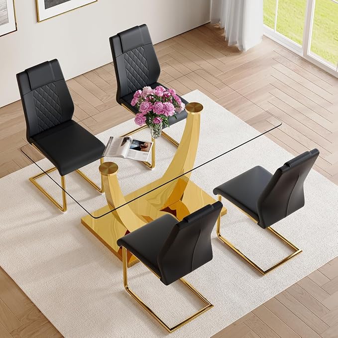 AZmac 63" Glass Dining Table Set for 4,Luxury Gold Dining Room Set with Stainless Steel Pedestal, Rectangular Tempered Glass Kitchen Table with PU Leather Chairs, for Kitchen Apartment