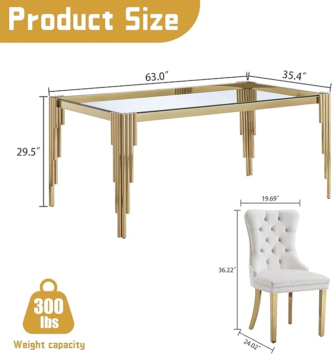 5 Piece Glass Dining Table Set, Modern 63" Rectangle Glass Kitchen Table with 4 White Velvet Upholstered Chairs, Gold Dining Table for 4 with Chairs Set for Kitchen, Living Room