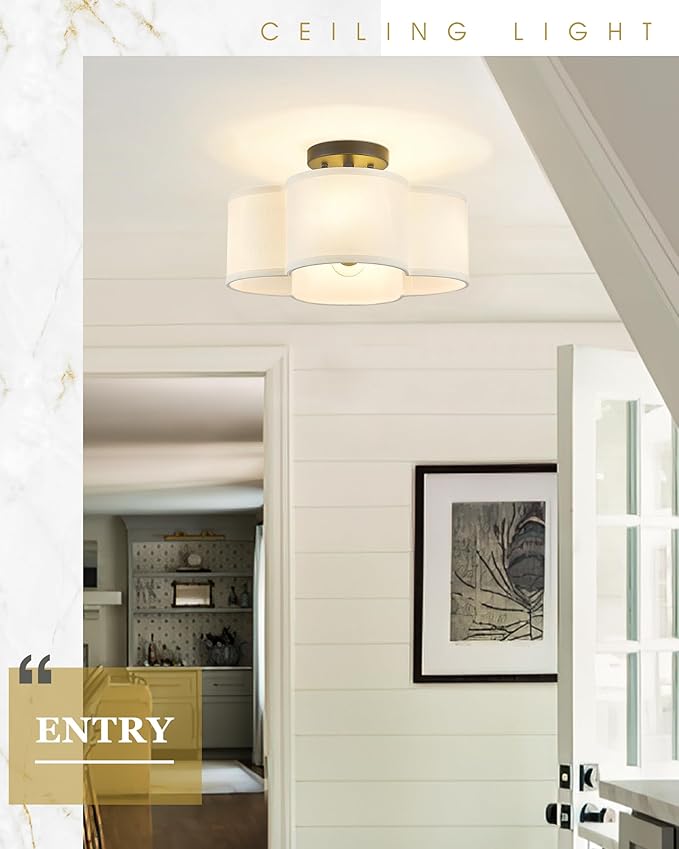 Black Semi Flush Mount Ceiling Light, Close to Ceiling Light Fixtures with Fabric Shade in Quatrefoil Shape, Farmhouse 13-inch Ceiling Light for Kitchen Hallway Bedroom, AD-22007-4SF-BK