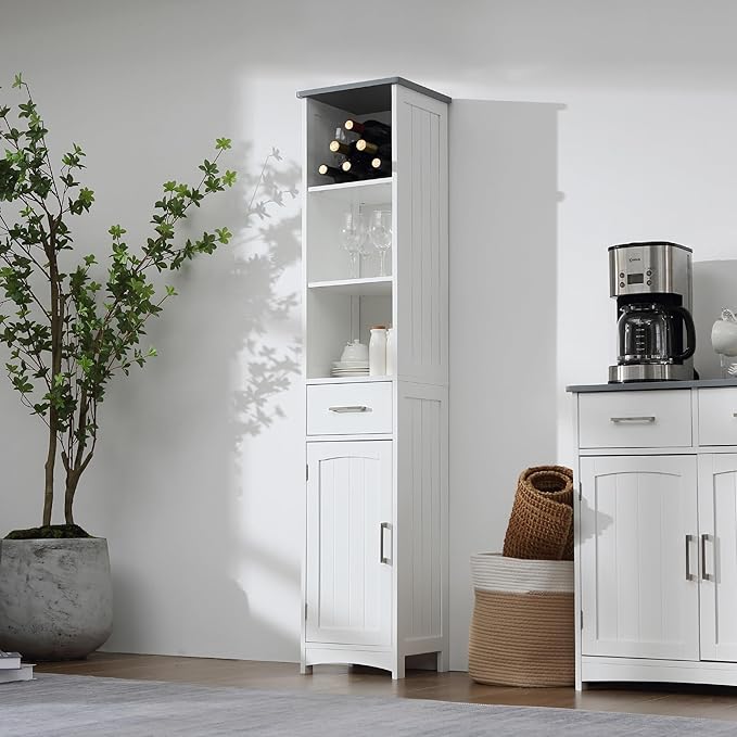 Tall Bathroom Storage Cabinet - 13" Narrow Slim Cabinet with Adjustable Shelves & Anti-Fall Drawers, Freestanding Linen Closet Organizer (Matte White & Grey Top, 64" Tall Cabinet with Doors)
