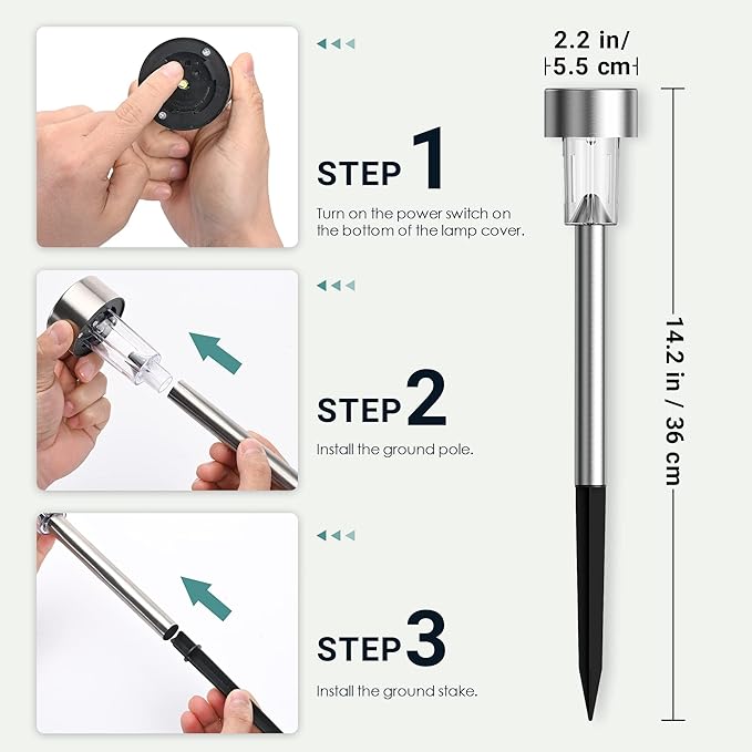 GIGALUMI 16 Pack Solar Lights Outdoor Waterproof,Stainless Steel LED Solar Garden Lights for Patio, Lawn, Yard and Landscape(Cold White)