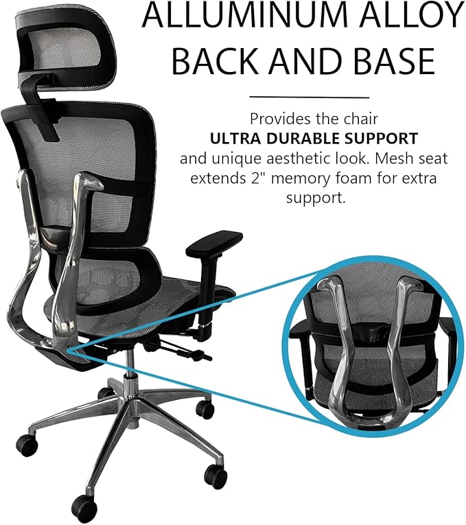 ErgoMax 53 in Tall Gray Ergonomic Adjustable Office Chair w/Aluminum Back and Base, Ergonomic Chair with Headrest and Lumbar Support