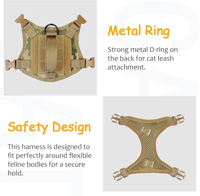 Tactical Cat Harness for Walking, Adjustable Escape Proof Pet Vest for Large Cat,Easy Control Breathable Cat Vest with Handle,Molle Patches (camo Khaki, L)