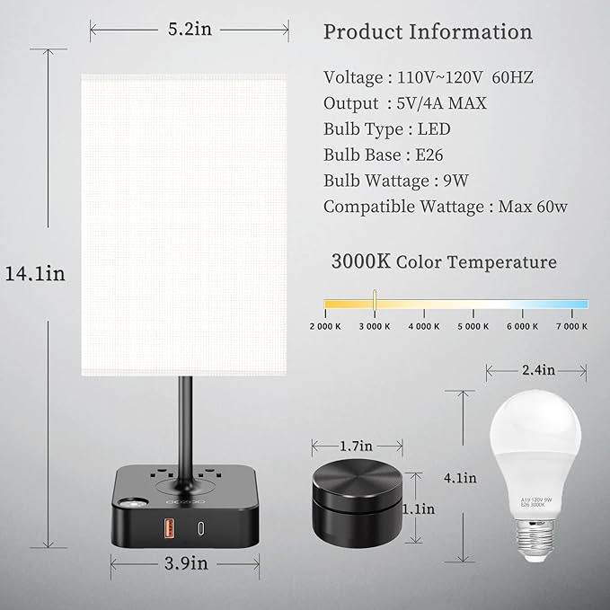 Remote Control Bedside Lamp with USB-C & USB-A Charging Ports, 2 AC Outlets, Stepless Dimming Nightstand Lamp for Bedroom- Touch & Remote Control,Warm Soft Light Table Lamp for Home, Office,Decoration