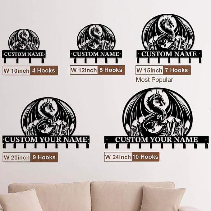 Customized Name Key Hook - Evil Dragon Design Keys Holder Decor Black Iron Metal Wall Organizer for Home & Office (Multiple Sizes) (Style A)