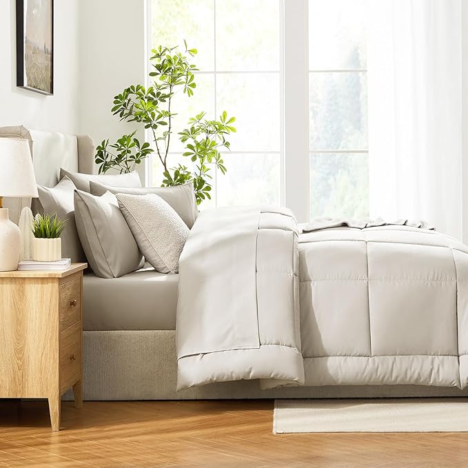 CozyLux Oversized King Comforter Sets Beige, 7 Pieces Bed in a Bag, Ultra-Soft All Season Bedding Sets with Stitch Quilted Comforter, Flat Sheet, Fitted Sheet, Pillowcases, Beige