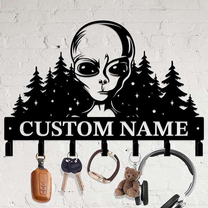 Personalized Custom Alien ET Metal Wall Keys Hooks,Clothes Hooks Alien ET Art Coat Racks,Door Holder,Black Alien ET Decorations for Home,Entrance Doors,Hallway, Bedroom,Keys,Hats (Style B)