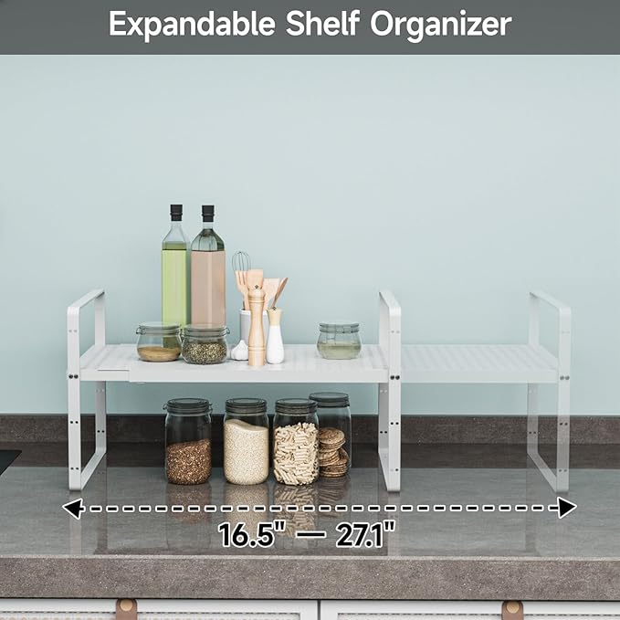 2Pack 16.5-27’’L Expandable Stackable Cabinet Shelves, Adjustable Spice Rack Cabinet Shelf Organizer for Kitchen, Countertop, Pantry and Cupboard, White