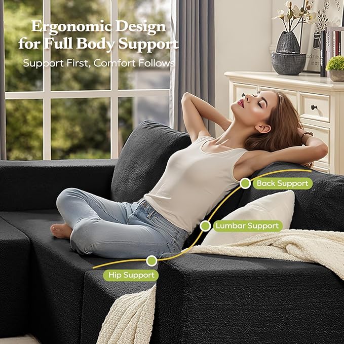 136" Modular Sectional Couch Left/Right Facing Convertible, L-Shape Modern Teddy Sofa, Deep Seat Upholstered Foam Couch for Living Room Bedroom, No Assembly Required (Black, Teddy Boucle)