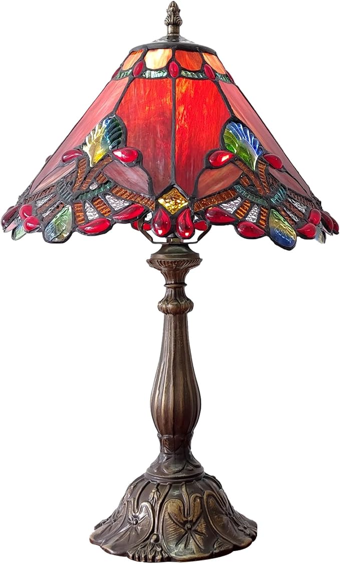 Tiffany Table Lamp Red Baroque Style Stained Glass Lamp 12X12X19 Inch Antique Lamp for Office Home Bedroom Living Include 3-Color LED Bulb